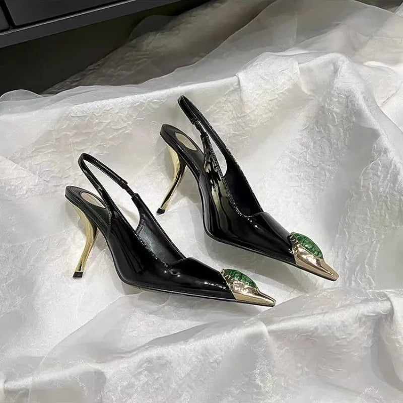 Ladies' Elegant Retro Pointed-toe Shallow Mouth Gemstone High-heeled New Metal Patent Leather One-strap Heel Sandals