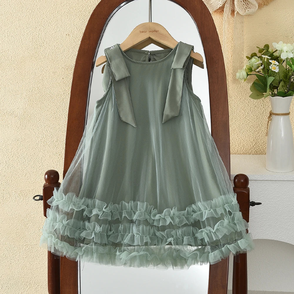 Bear Leader 2025 Korean Version Bow Sleeveless Mesh Wedding Party Birthday Dress Baby Girl Easter Summer Princess Dresses