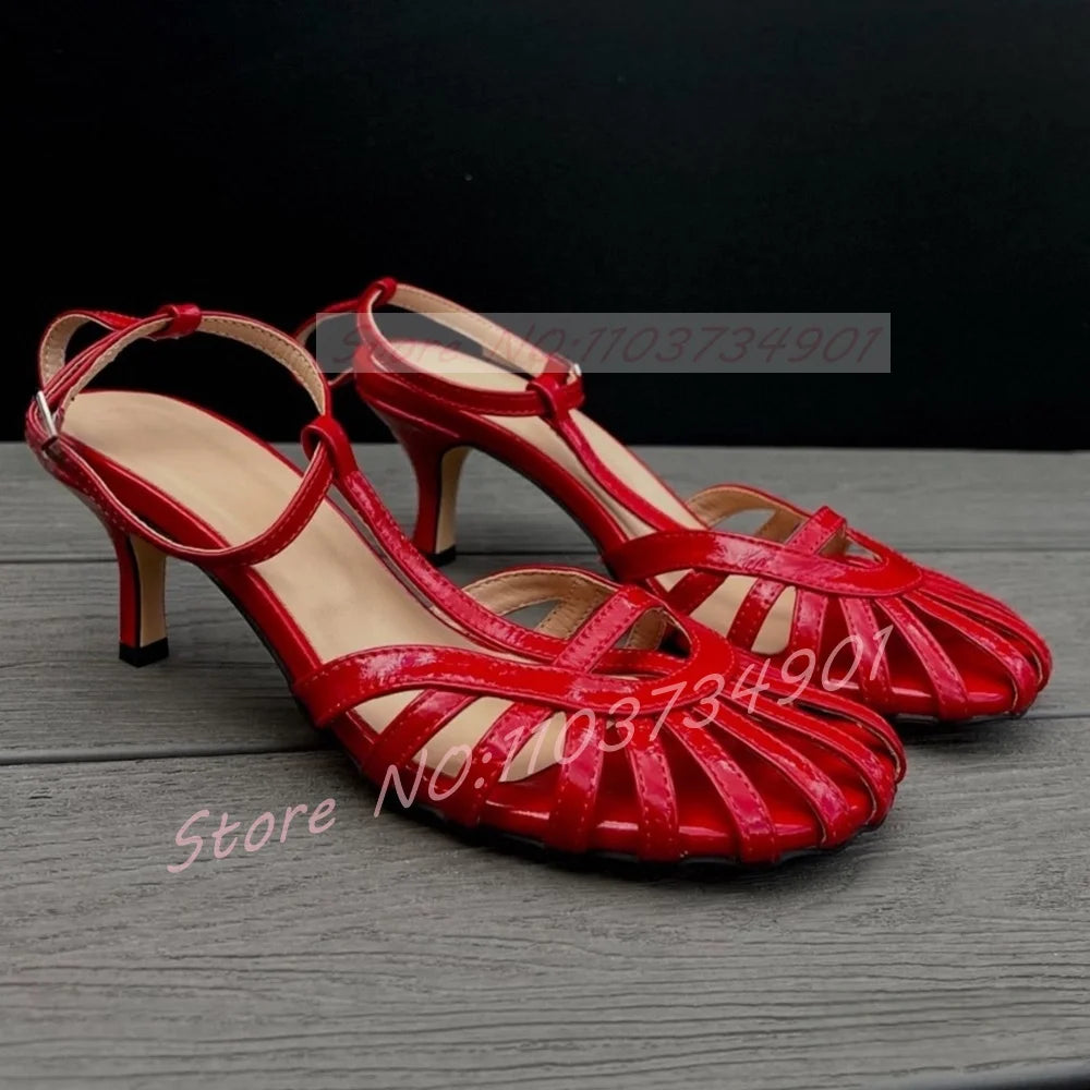 Red Caged Toe Sandals Women Sexy T-bar Round Toe Ankle Strap High Heels Shoes Ladies Casual Patent Leather Sandals