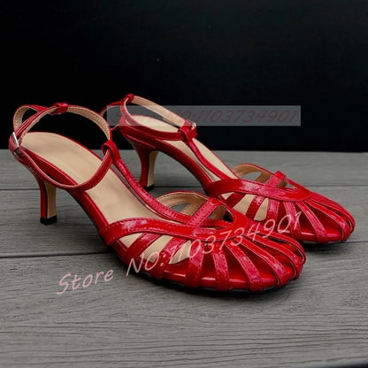 Red Caged Toe Sandals Women Sexy T-bar Round Toe Ankle Strap High Heels Shoes Ladies Casual Patent Leather Sandals