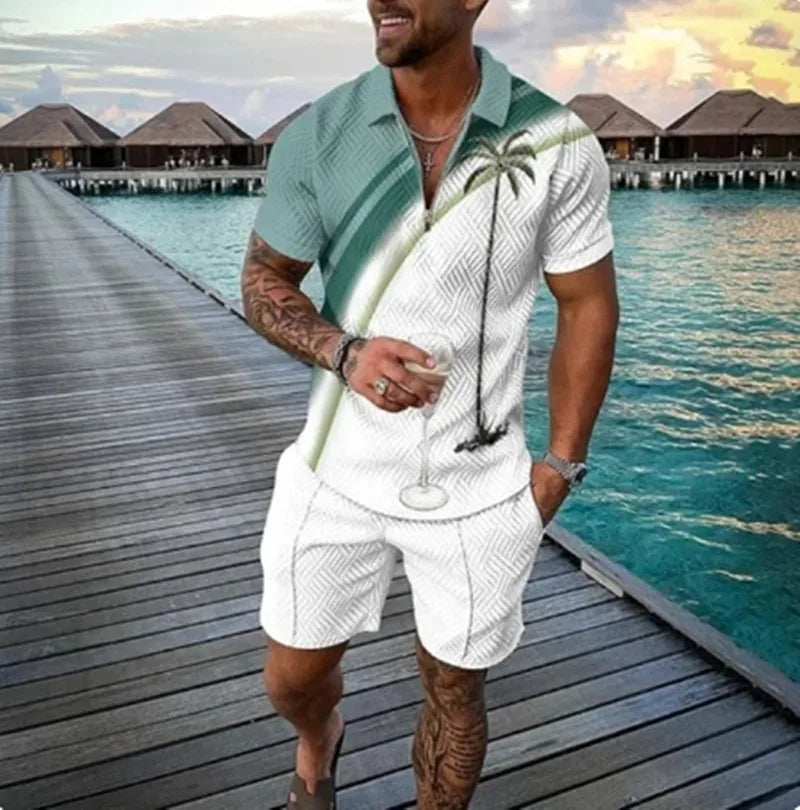 Summer New Men's 3D Printing Short Sleeve Zipper Polo Shirt Shorts Set  Men Casual  2-piece Vacation Beach Set - Prolificstore