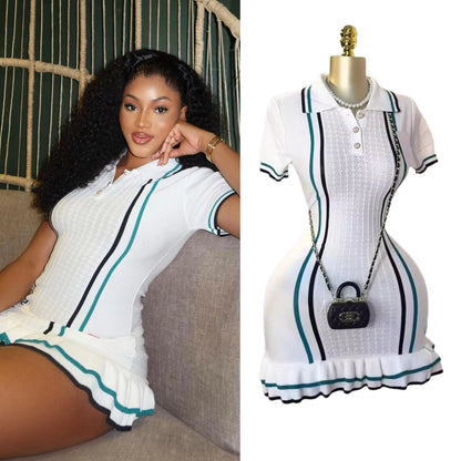 YuooMuoo Chic Fashion Sexy Package Hips Knitted Mini Dress 2026 Summer Vintage Turn-down Collar Ruffled Party Dress Streetrwear - Prolificstore