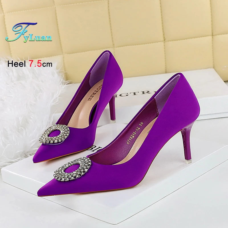 2025 New Shallow Mouth Women's Pumps Fashion Satin Rhinestone Round Buckle Stiletto Solid Color Pointed Sexy Ladies Single Shoes