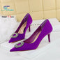 2025 New Shallow Mouth Women's Pumps Fashion Satin Rhinestone Round Buckle Stiletto Solid Color Pointed Sexy Ladies Single Shoes