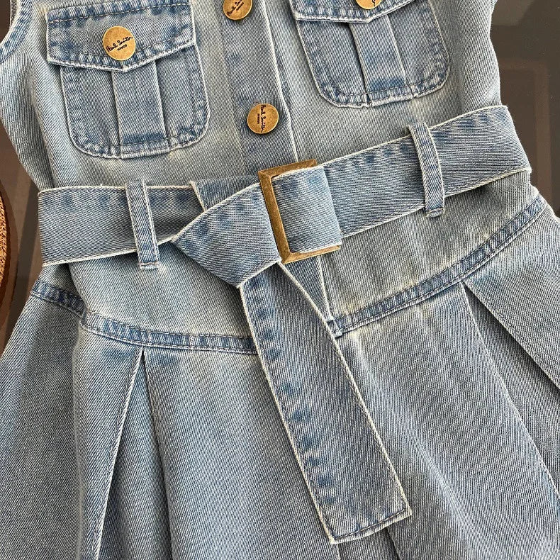 Summer New Girls Denim Dress Belt Decoration Lapel Collar Sleeveless Tutu Princess Dress For 2 -10 Years Kids Fashion Dress