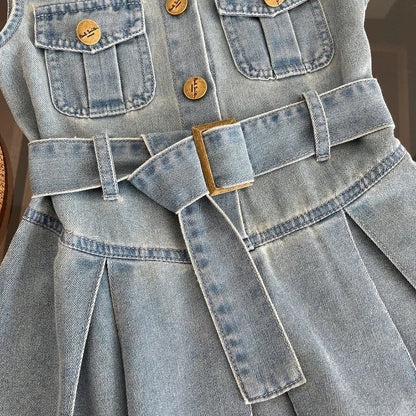 Summer New Girls Denim Dress Belt Decoration Lapel Collar Sleeveless Tutu Princess Dress For 2 -10 Years Kids Fashion Dress