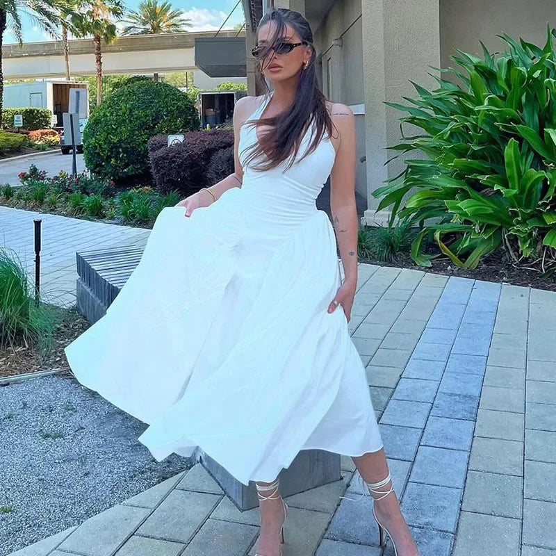 Talenza Backless Deep V Spliced Long Dress Summer Women's Sexy Party Dress Halter New Fashion Slim White Sleeveless Long Dress