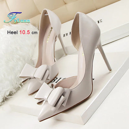 2025 High Heels 10.5cm Women's Shoes Side Hollowed Out Slim Heels Shallow Mouth Lady Pumps Butterfly-Knot Stiletto Banquet Shoes