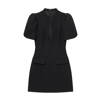 KONDALA Elegant Holiday Chic Women Mini Dress Black O-Neck Zipper Short Puff Sleeve Dress Fashion 2026 Spring Summer Party Dress