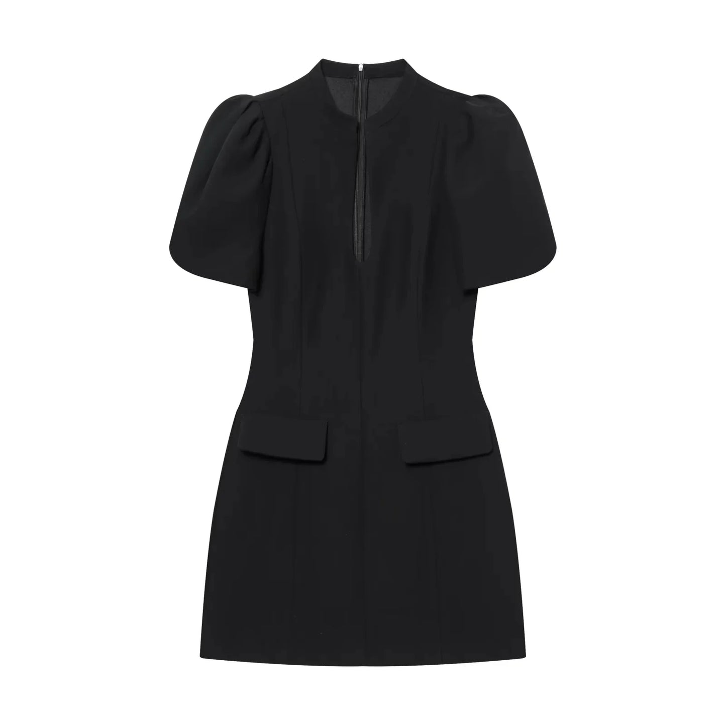 KONDALA Elegant Holiday Chic Women Mini Dress Black O-Neck Zipper Short Puff Sleeve Dress Fashion 2026 Spring Summer Party Dress - Prolificstore