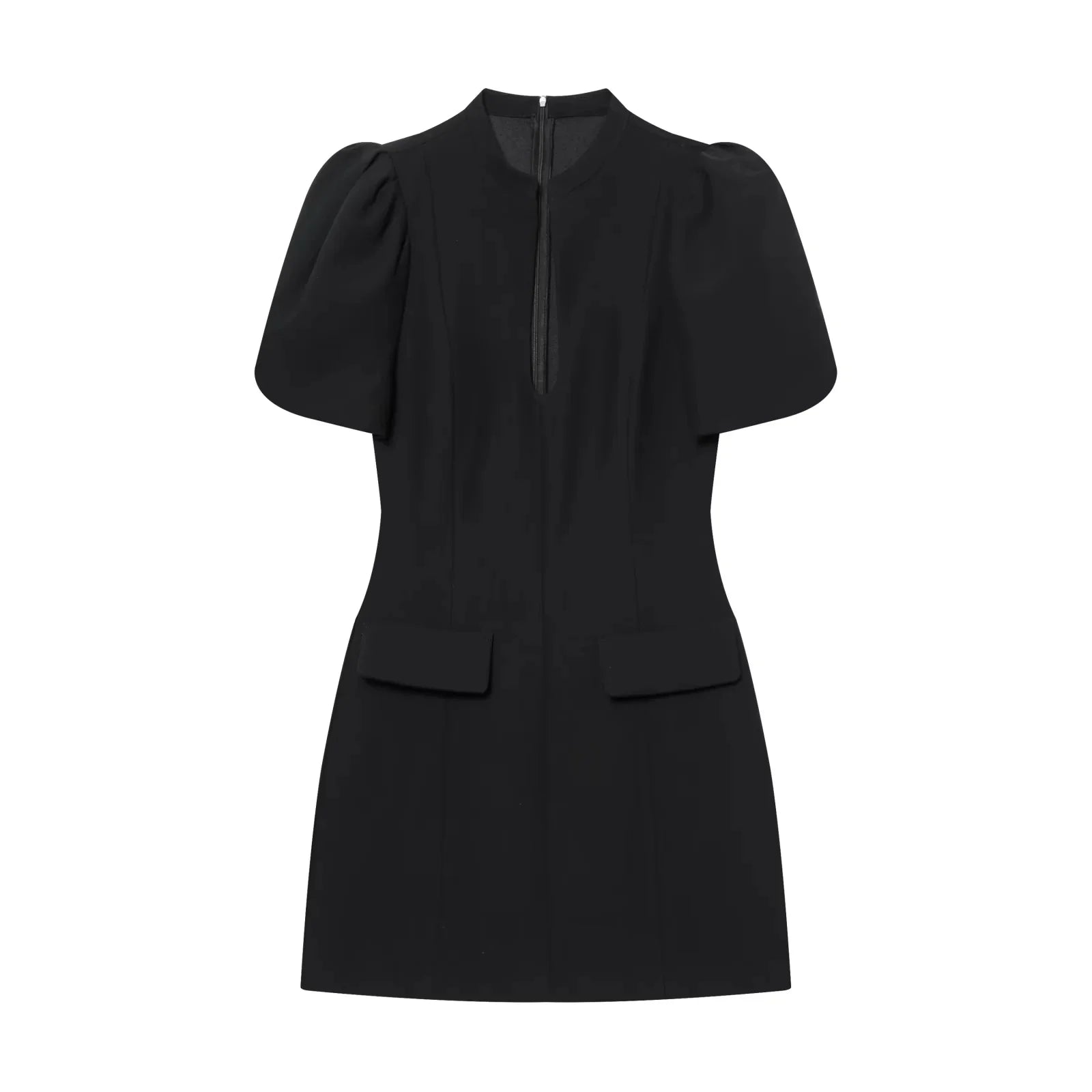 KONDALA Elegant Holiday Chic Women Mini Dress Black O-Neck Zipper Short Puff Sleeve Dress Fashion 2026 Spring Summer Party Dress - Prolificstore