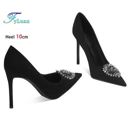 Black Velvet Womens High Heels Elegant Stiletto Pointed Toe Cover Heel Round Flower Pumps Rhinestone Satin Spring Autumn Shoes