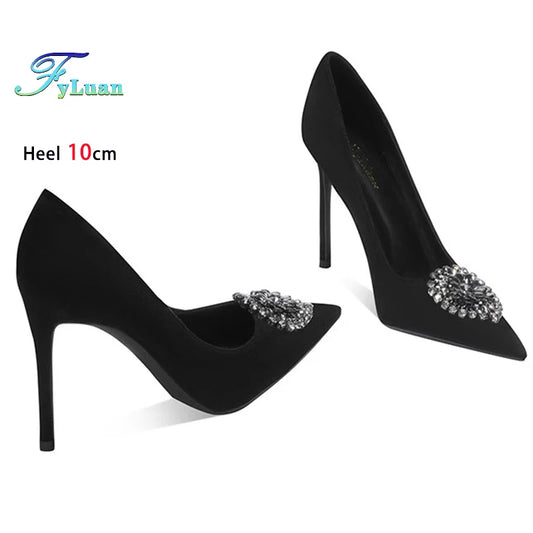 Black Velvet Womens High Heels Elegant Stiletto Pointed Toe Cover Heel Round Flower Pumps Rhinestone Satin Spring Autumn Shoes