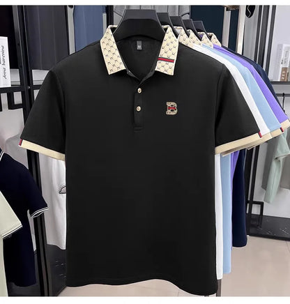 Luxury brand B letter embossed short sleeve polo shirt men summer lightweight breathable new fashion color blocked lapel T-shirt - Prolificstore