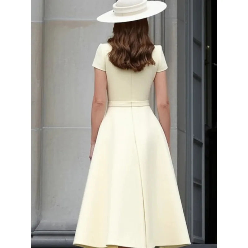 Formal Pleated Dresses Woman 2026 Spring Summer Apricot Short Sleeve High Waist Bridal Guest Elegant Long Dress 197365 - Prolificstore