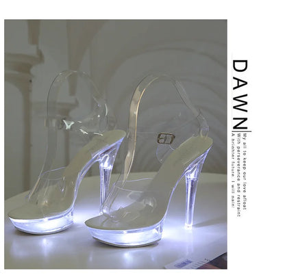 Summer Led Illuminated Women Slippers Super High Heel 13cm Crystal Ankle Buckle Sandals Transparent Platform Female Party Shoes