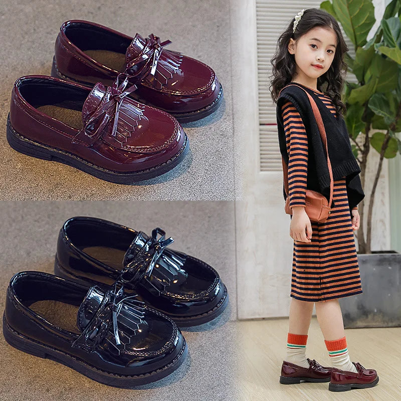 Girls Casual Leather Shoes Kids Flats Tassels with Bow-knot British Style Soft Slip-on Loafers for Wedding Party Bright Skin New - Prolificstore