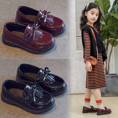 Girls Casual Leather Shoes Kids Flats Tassels with Bow-knot British Style Soft Slip-on Loafers for Wedding Party Bright Skin New
