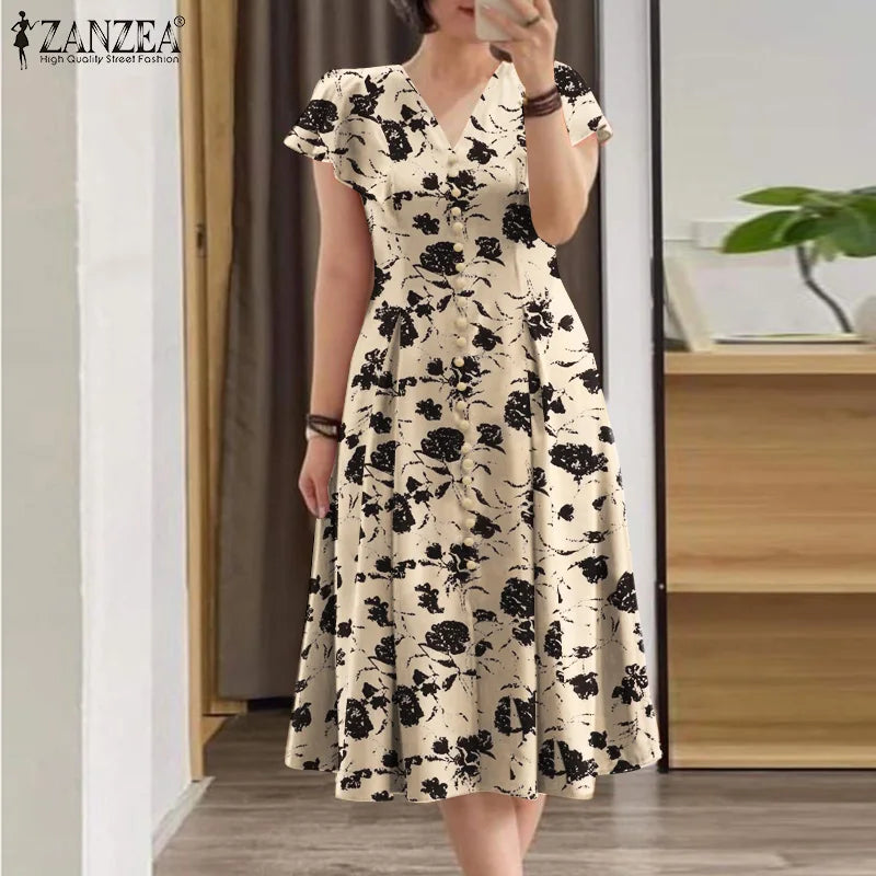 ZANZEA Summer OL Work Ruffle Sleeve Women Midi Dress  Casual Floral Print A-line Vestidos V Neck Waist Party Sundress Oversized - Prolificstore