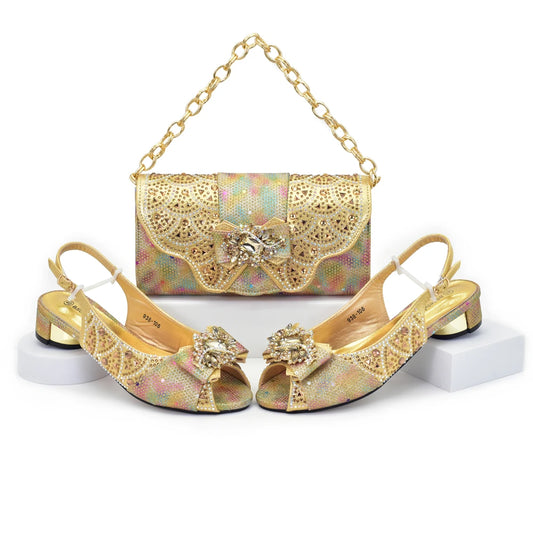 New Arrival Gold Color Rhinestone Decoration Style Peep Toe Low Heels Lady Shoes and Bag Set for Party Wedding Crystal Pumps - Prolificstore