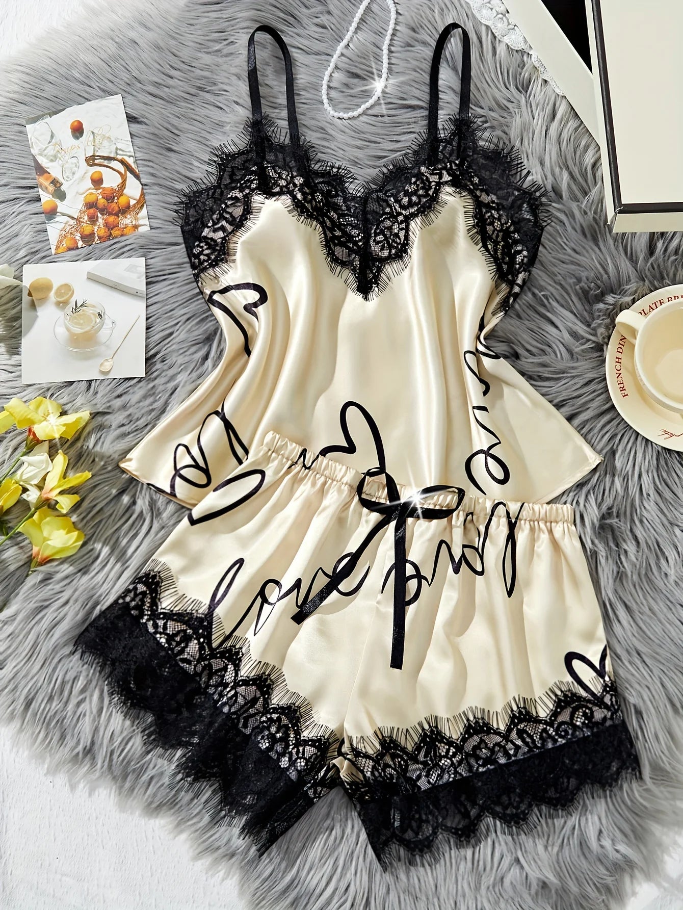Women‘s Milk Silk Pajamas Set Summer Sleeveless Yellow Heart Print Lace Trim Soft Summer Sleepwear Lounge Sets Nightwear - Prolificstore