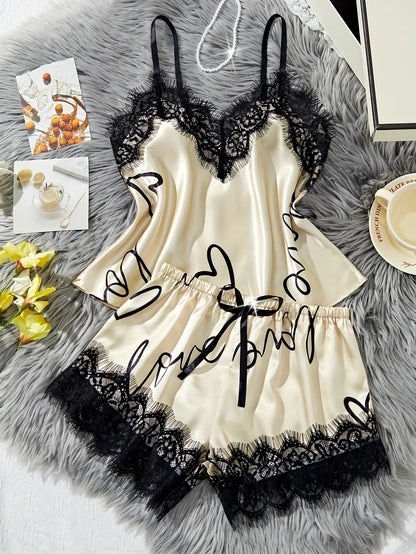 Women‘s Milk Silk Pajamas Set Summer Sleeveless Yellow Heart Print Lace Trim Soft Summer Sleepwear Lounge Sets Nightwear - Prolificstore