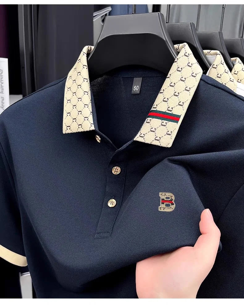 Luxury brand B letter embossed short sleeve polo shirt men summer lightweight breathable new fashion color blocked lapel T-shirt - Prolificstore