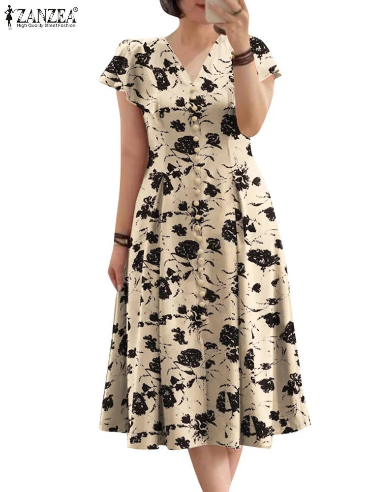 ZANZEA Summer OL Work Ruffle Sleeve Women Midi Dress  Casual Floral Print A-line Vestidos V Neck Waist Party Sundress Oversized - Prolificstore