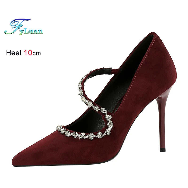 Gorgeous Women's Pumps Rhinestone Chain One Word Strap Design Fashion  Angola Red 10cm High Heels Ladies Nightclub Single Shoes - Prolificstore