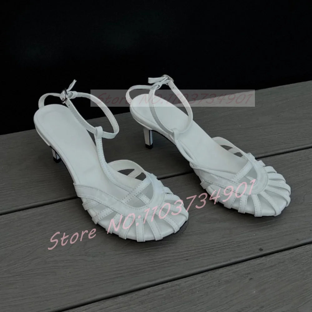 Red Caged Toe Sandals Women Sexy T-bar Round Toe Ankle Strap High Heels Shoes Ladies Casual Patent Leather Sandals