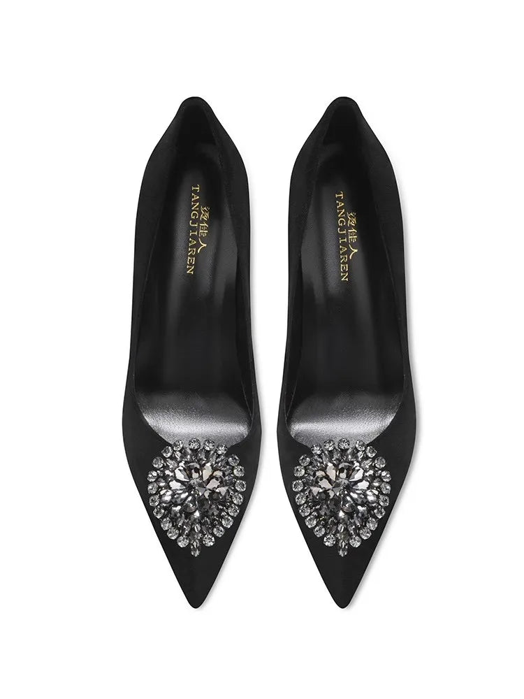 Black Velvet Womens High Heels Elegant Stiletto Pointed Toe Cover Heel Round Flower Pumps Rhinestone Satin Spring Autumn Shoes