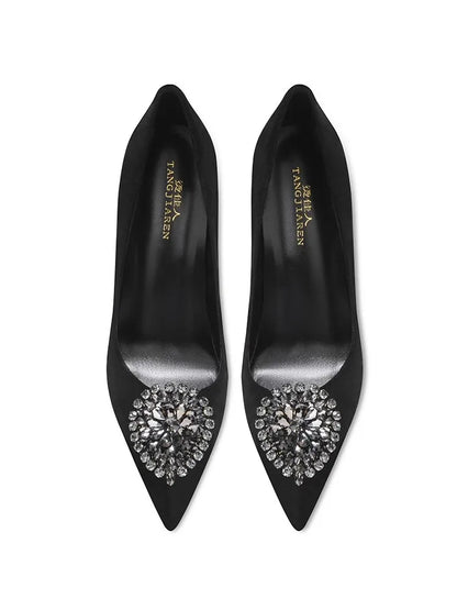 Black Velvet Womens High Heels Elegant Stiletto Pointed Toe Cover Heel Round Flower Pumps Rhinestone Satin Spring Autumn Shoes