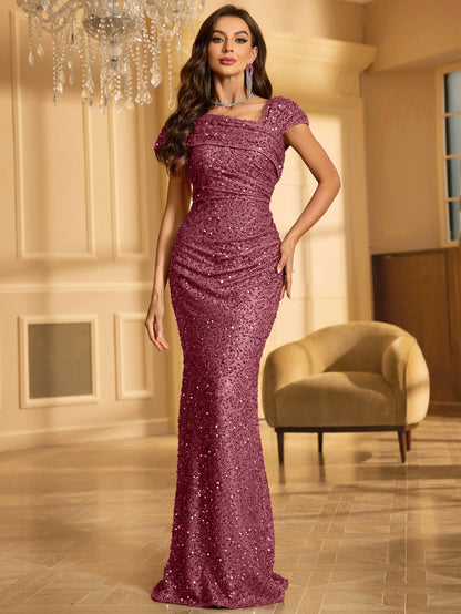 Unithorse Women’s One Shoulder Draped Sleeveless Long Floor-Length Glitter Sequin Formal Evening Dress