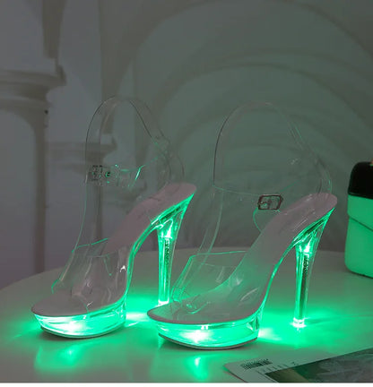 Summer Led Illuminated Women Slippers Super High Heel 13cm Crystal Ankle Buckle Sandals Transparent Platform Female Party Shoes