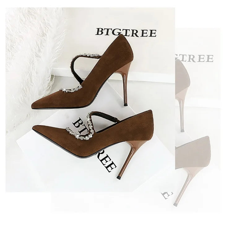 Gorgeous Women's Pumps Rhinestone Chain One Word Strap Design Fashion  Angola Red 10cm High Heels Ladies Nightclub Single Shoes - Prolificstore