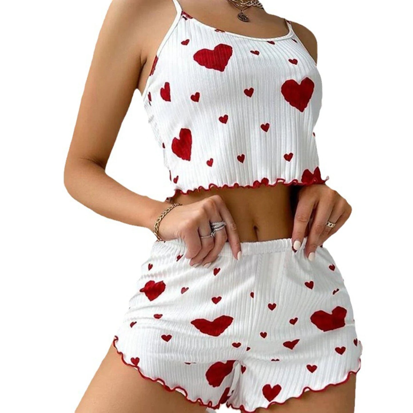 Women's Pajamas Set Sleepwear 2 PCS Short Tank Tops And Shorts S M L White Ventilate Soft Casual Love Printing - Prolificstore