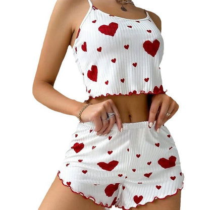 Women's Pajamas Set Sleepwear 2 PCS Short Tank Tops And Shorts S M L White Ventilate Soft Casual Love Printing - Prolificstore