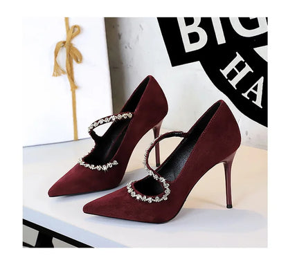 Gorgeous Women's Pumps Rhinestone Chain One Word Strap Design Fashion  Angola Red 10cm High Heels Ladies Nightclub Single Shoes - Prolificstore