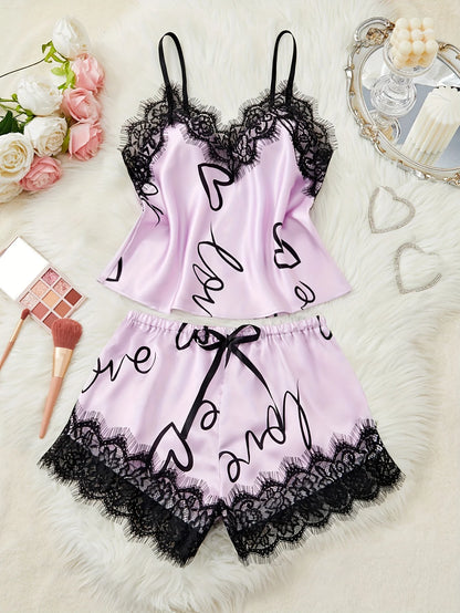 Women‘s Milk Silk Pajamas Set Summer Sleeveless Yellow Heart Print Lace Trim Soft Summer Sleepwear Lounge Sets Nightwear - Prolificstore