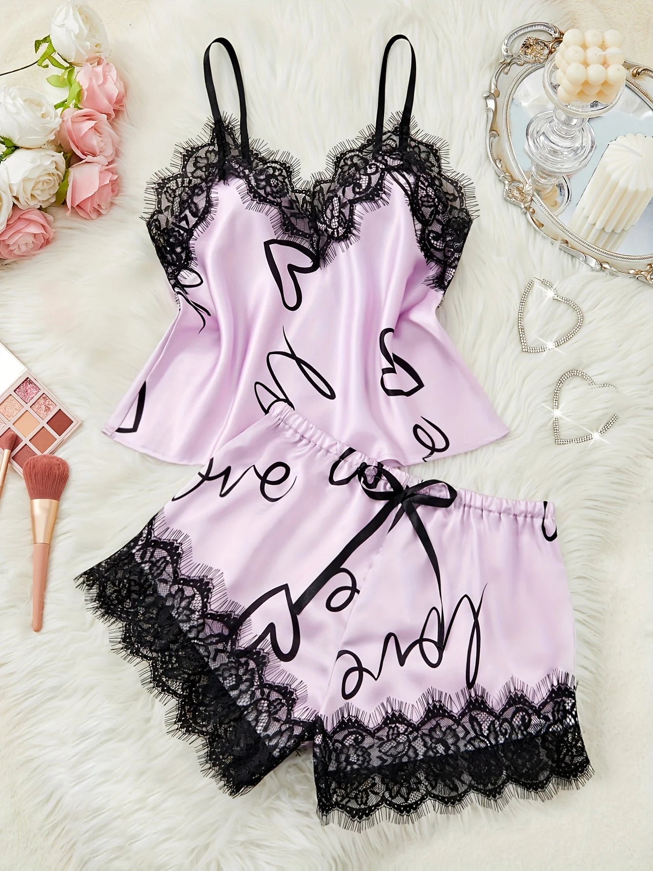 Women‘s Milk Silk Pajamas Set Summer Sleeveless Yellow Heart Print Lace Trim Soft Summer Sleepwear Lounge Sets Nightwear - Prolificstore