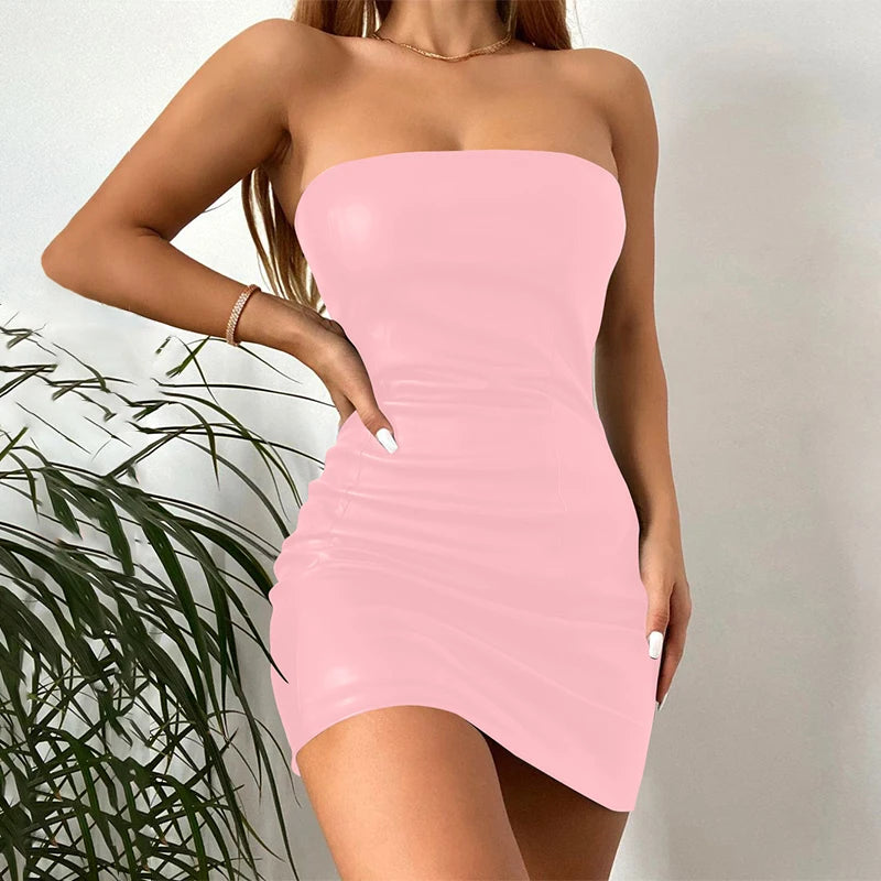 Hugcitar Pu Faux Leather Tube Mini Dress For Women Bodycon Sexy Streetwear Party Club Y2K Clothing Outfits Festival - Prolificstore
