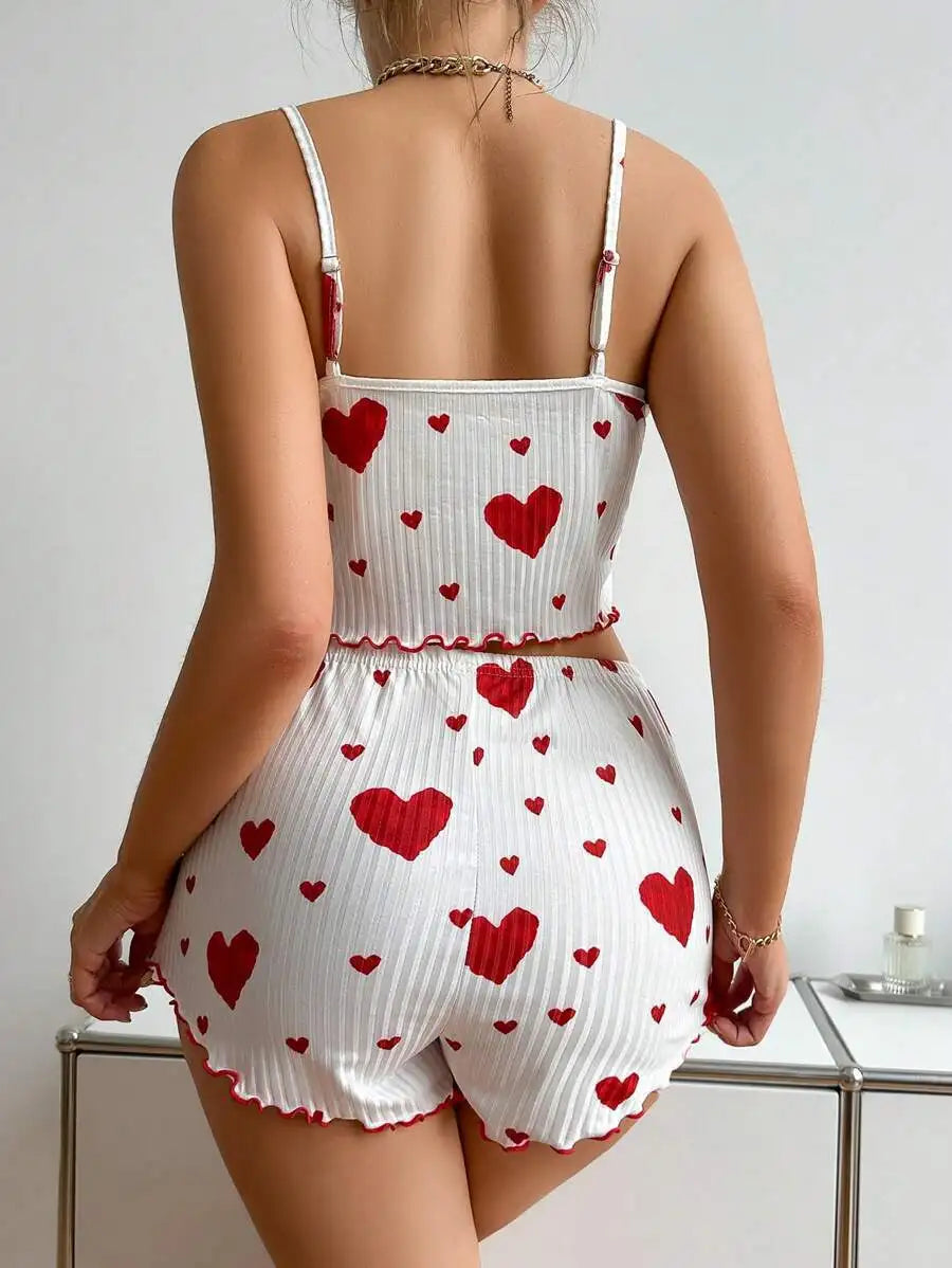 Women's Pajamas Set Sleepwear 2 PCS Short Tank Tops And Shorts S M L White Ventilate Soft Casual Love Printing - Prolificstore