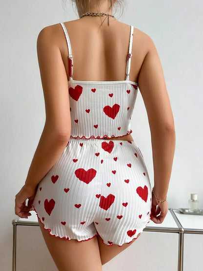 Women's Pajamas Set Sleepwear 2 PCS Short Tank Tops And Shorts S M L White Ventilate Soft Casual Love Printing - Prolificstore