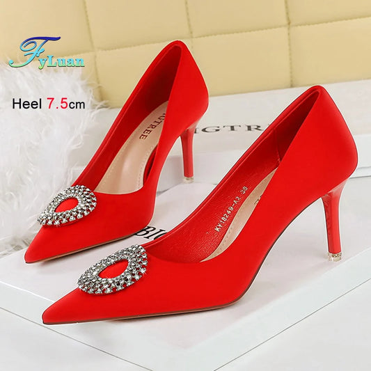 2025 New Shallow Mouth Women's Pumps Fashion Satin Rhinestone Round Buckle Stiletto Solid Color Pointed Sexy Ladies Single Shoes
