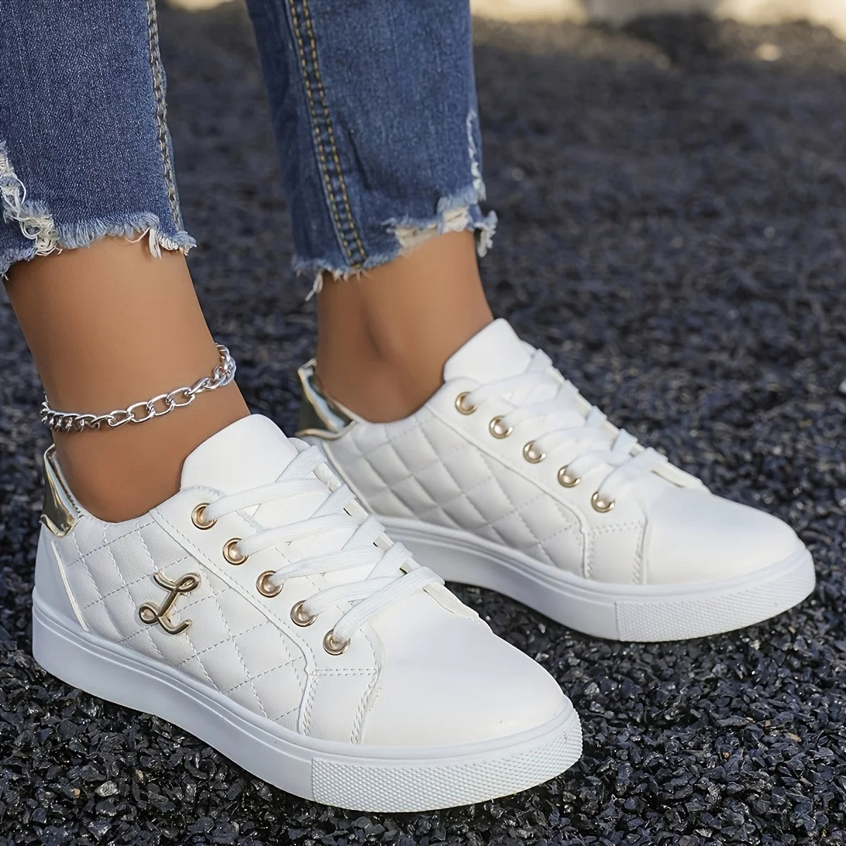 Fashion Lightweight Women's Sneakers - Black, White and Gold Embellished, Lace-Up Low-Top Casual Shoes for All Seasons - Prolificstore