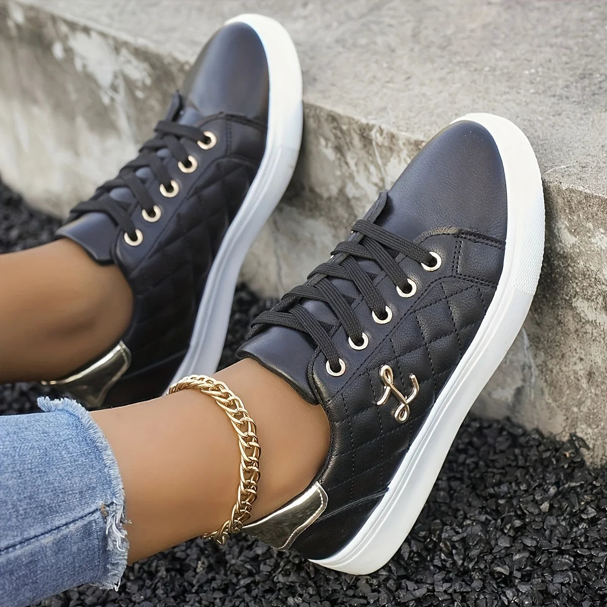 Fashion Lightweight Women's Sneakers - Black, White and Gold Embellished, Lace-Up Low-Top Casual Shoes for All Seasons - Prolificstore