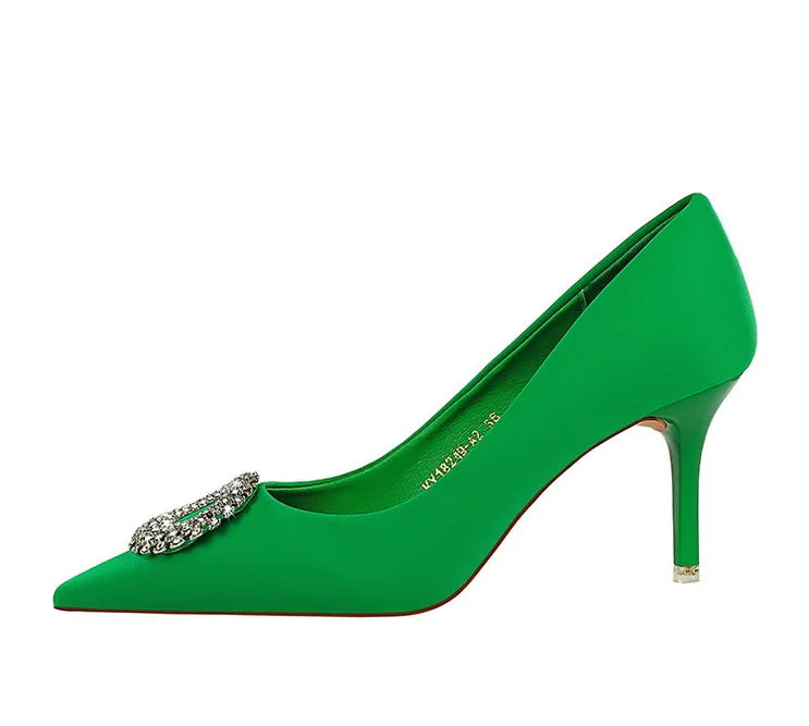 2025 New Shallow Mouth Women's Pumps Fashion Satin Rhinestone Round Buckle Stiletto Solid Color Pointed Sexy Ladies Single Shoes