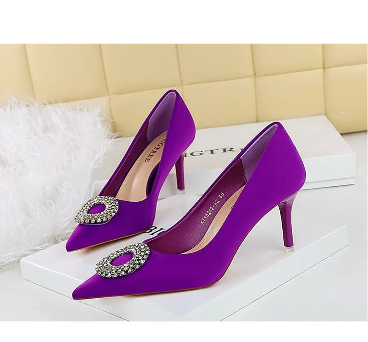 2025 New Shallow Mouth Women's Pumps Fashion Satin Rhinestone Round Buckle Stiletto Solid Color Pointed Sexy Ladies Single Shoes