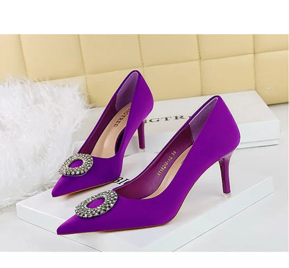 2025 New Shallow Mouth Women's Pumps Fashion Satin Rhinestone Round Buckle Stiletto Solid Color Pointed Sexy Ladies Single Shoes