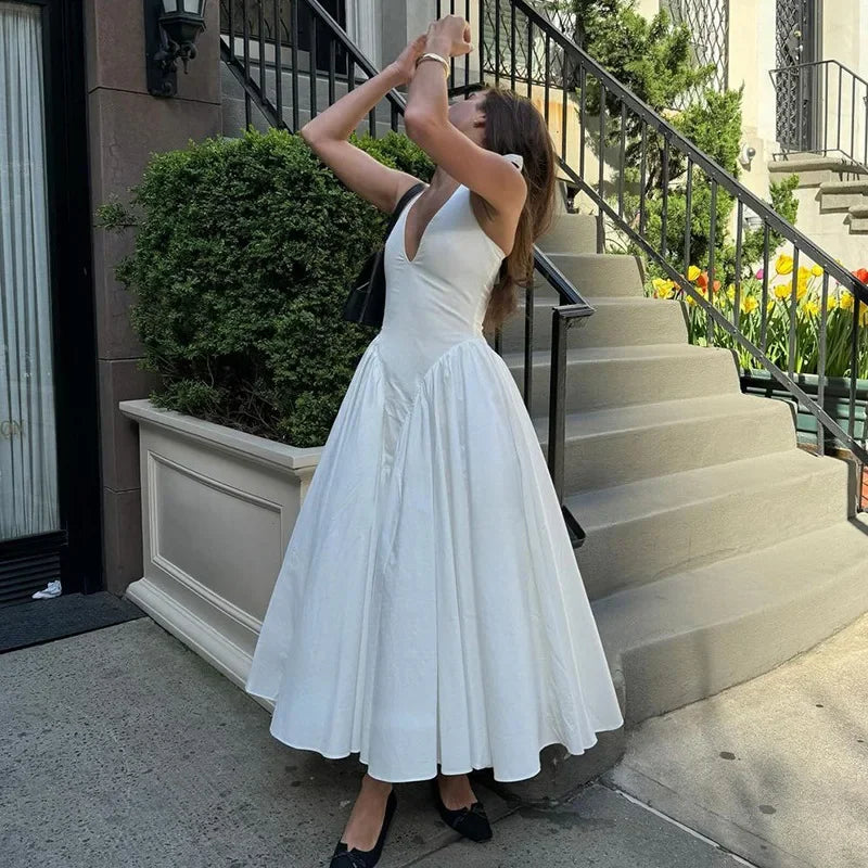 Talenza Backless Deep V Spliced Long Dress Summer Women's Sexy Party Dress Halter New Fashion Slim White Sleeveless Long Dress